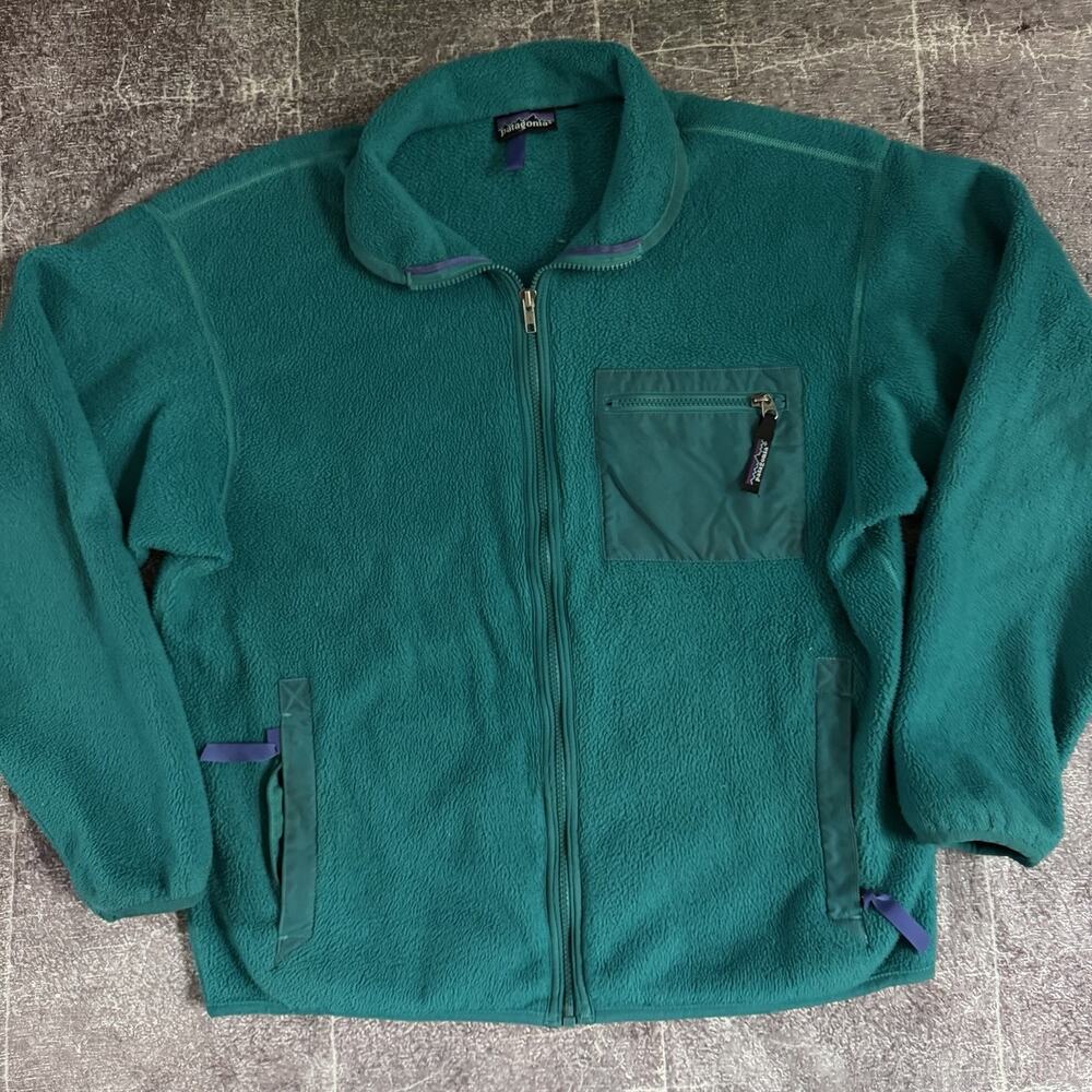 Men's Vintage 90's Patagonia USA Teal Blue Fleece Bomber Full Zip Up Jacket Sz L